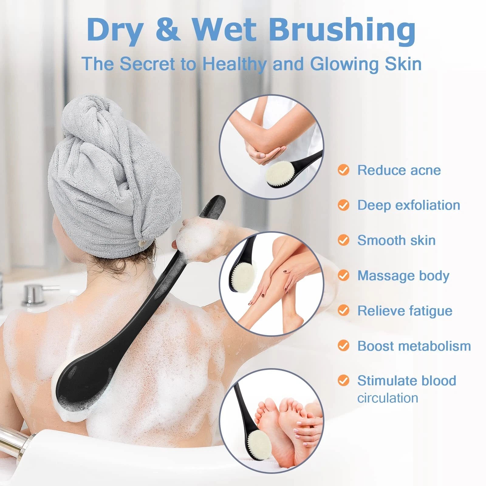 Back Brush Long Handle Shower Bath Body Exfoliating Never Mold For 17 Inches Dry