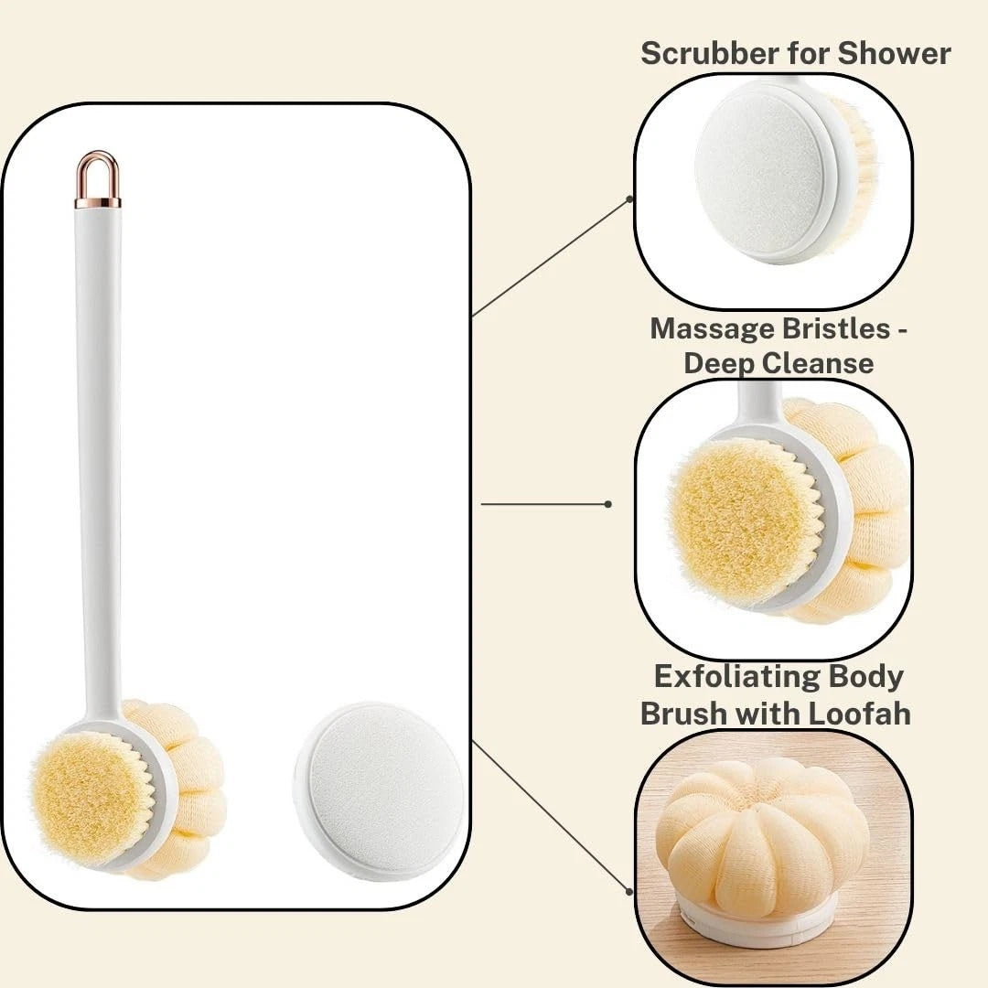 Long Handle Shower Sponge Brush Set, 3 in 1 Body Brush, Bath Sponge, Back Scr...