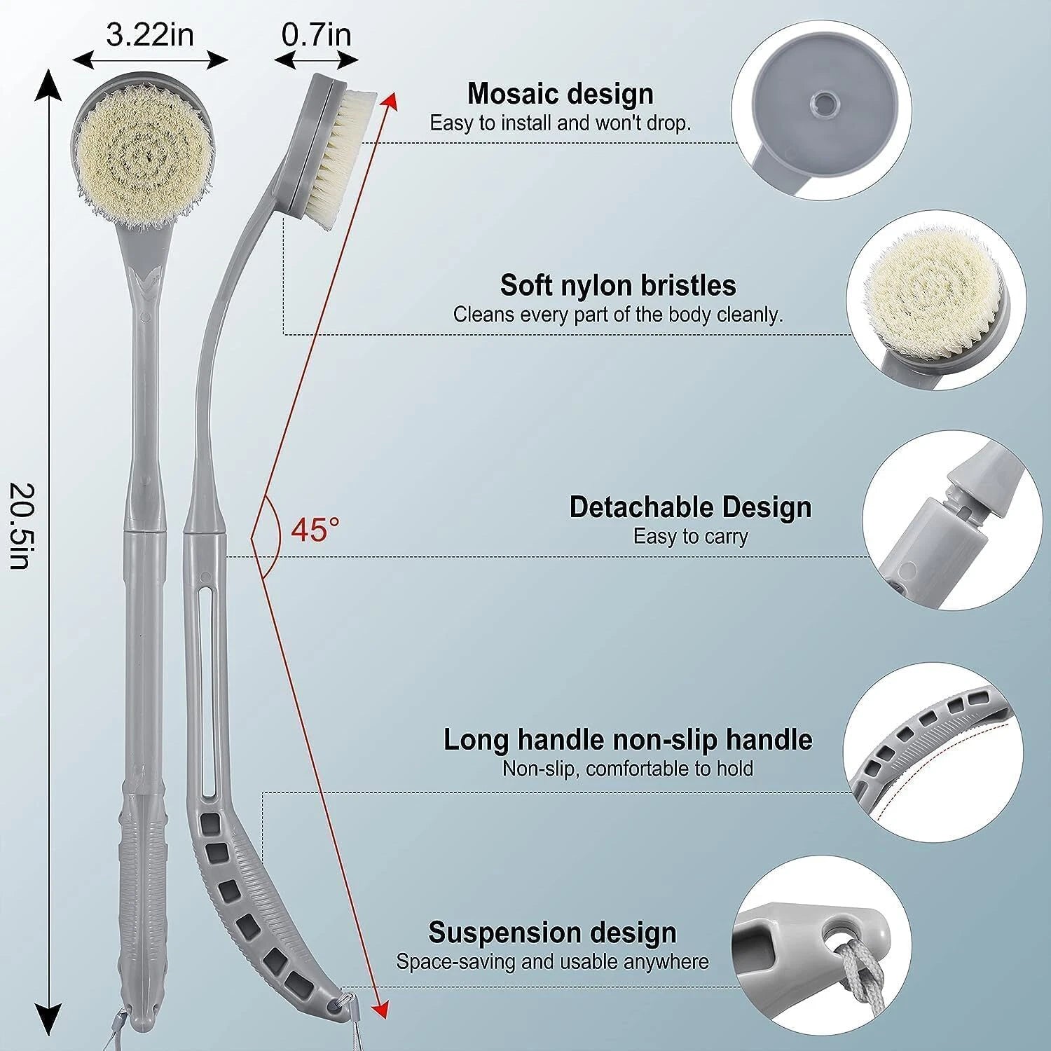 Exfoliating Bath Shower Body Brush Back Scrubber with Long Curved Handle
