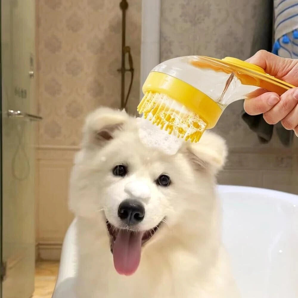 Dog Shampoo Brush with Soap Dispenser Pet Bath Brush Long Handle for Shower