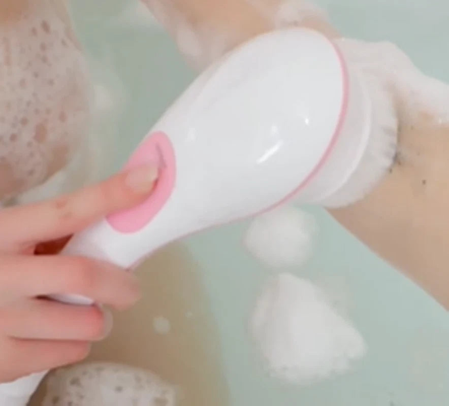 Electric Bath Body Shower Brush Long Handle Back Massage Cleaning w/5 brush
