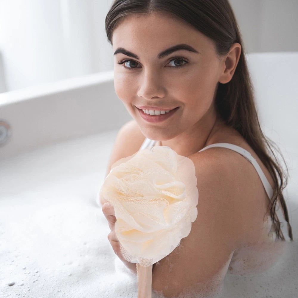 Long Handle Bath Sponge Exfoliating Brush Loofah Mesh for Travel and Home