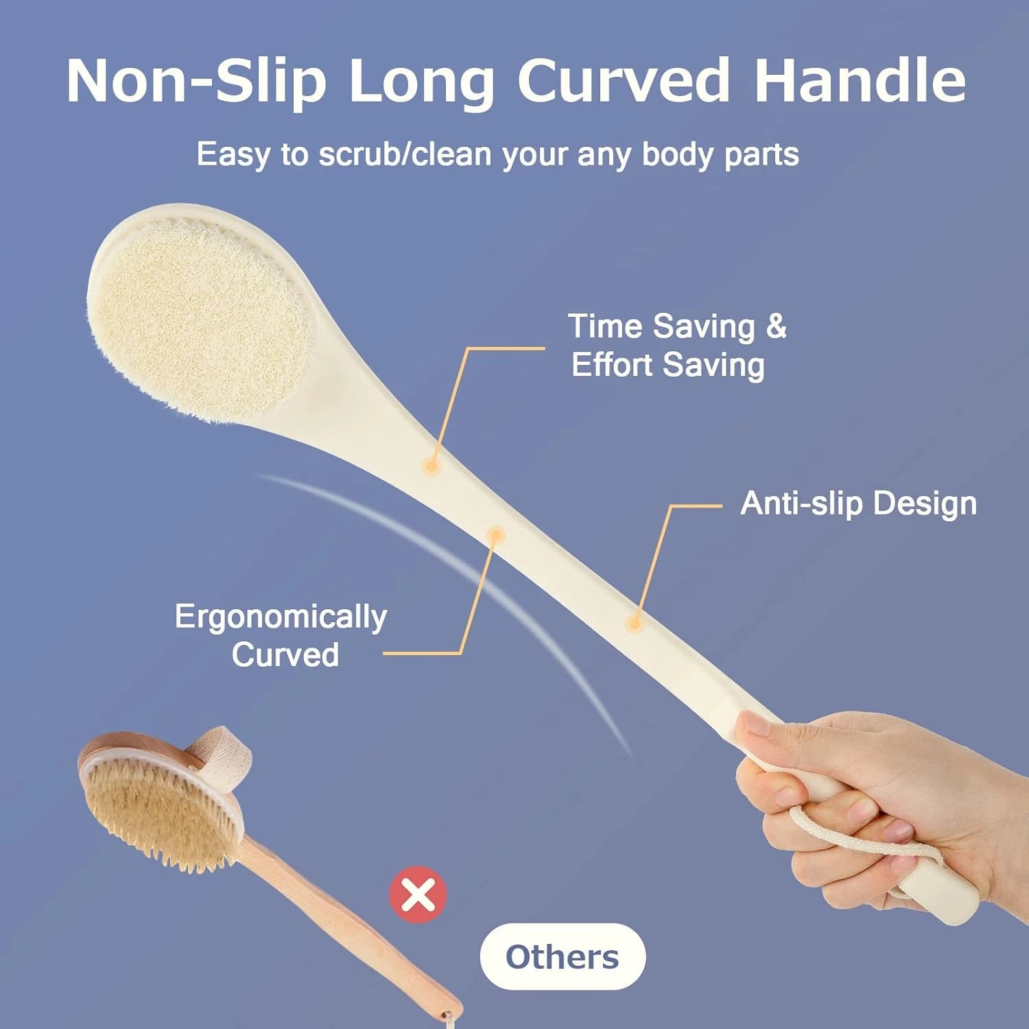 Body Back Scrubber – 17'' Long Handle Shower Brush, Anti-Mold Exfoliator for Dry