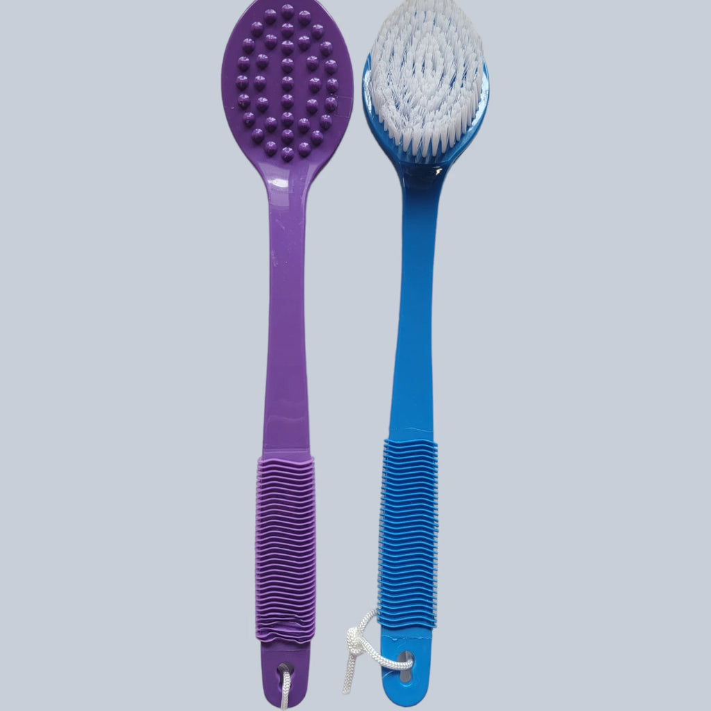 Long Handle Back Body Shower Brush Exfoliates Soft Bristles (2-PACK) BLUE PURPLE