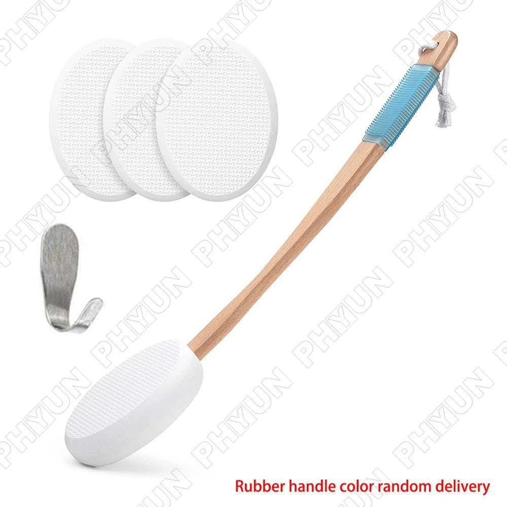 For Back Lotion Applicator Wooden Handle Brush w/ 4x Brush Head Replacement Pads
