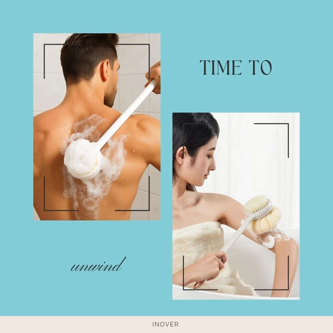 Long Handle Shower Sponge Brush Set, 3 in 1 Body Brush, Bath Sponge, Back Scr...