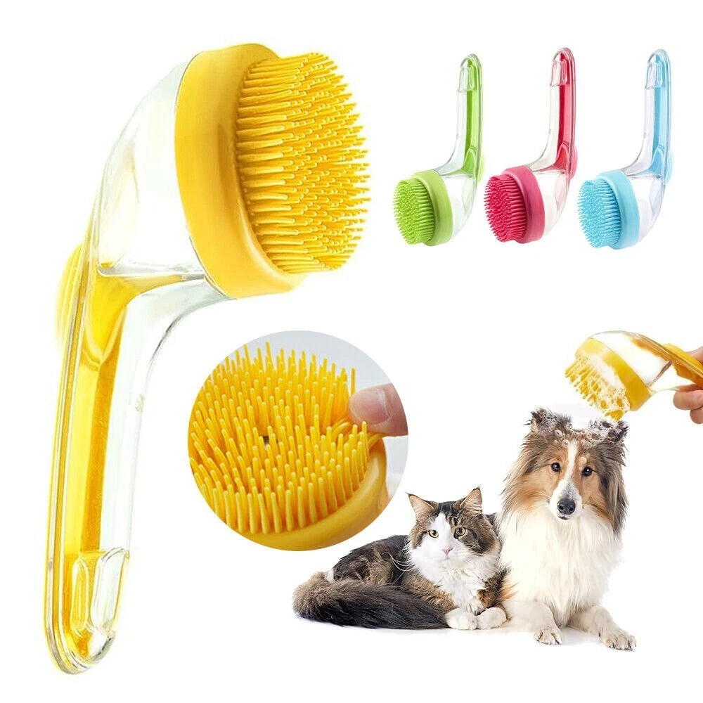 Dog Shampoo Brush with Soap Dispenser Pet Bath Brush Long Handle for Shower
