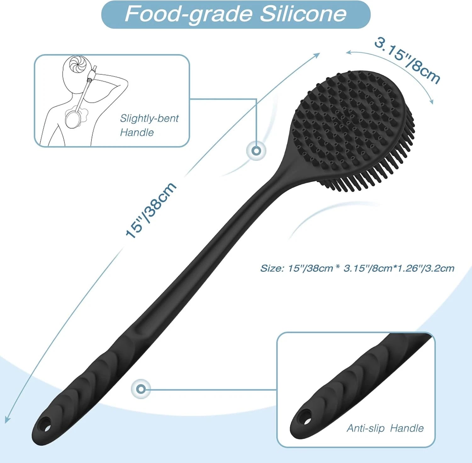 Manmihealth Silicone Back Scrubber (Thick Bristles) & Bath Glove & Face Brush Se