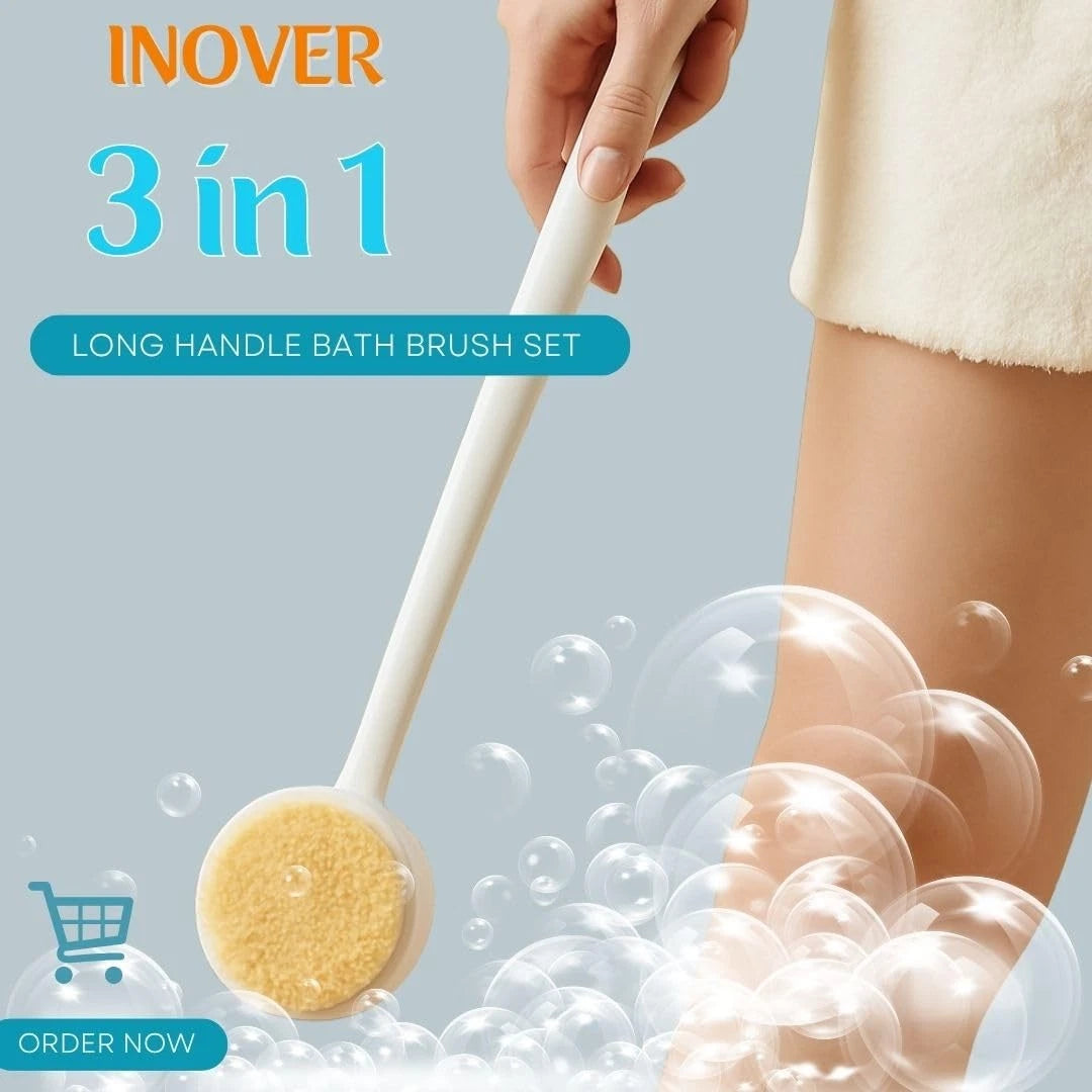 Long Handle Shower Sponge Brush Set, 3 in 1 Body Brush, Bath Sponge, Back Scr...