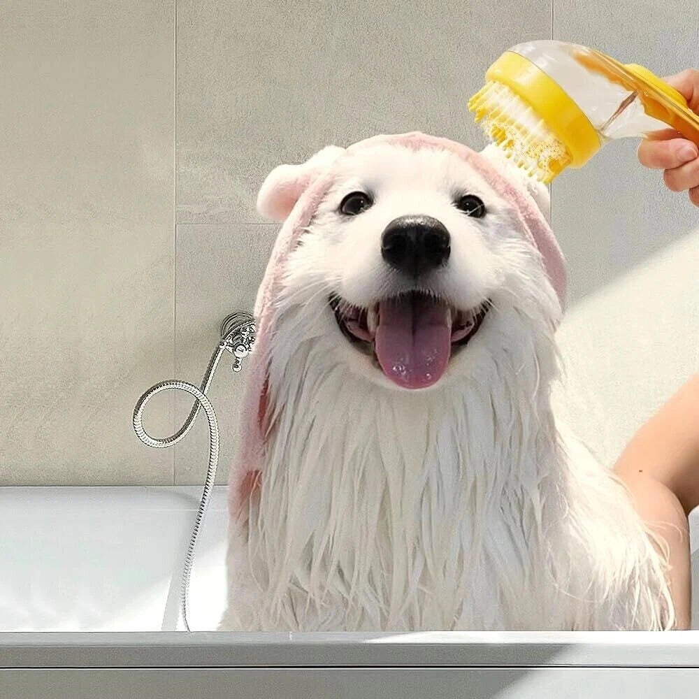 Dog Shampoo Brush with Soap Dispenser Pet Bath Brush Long Handle for Shower
