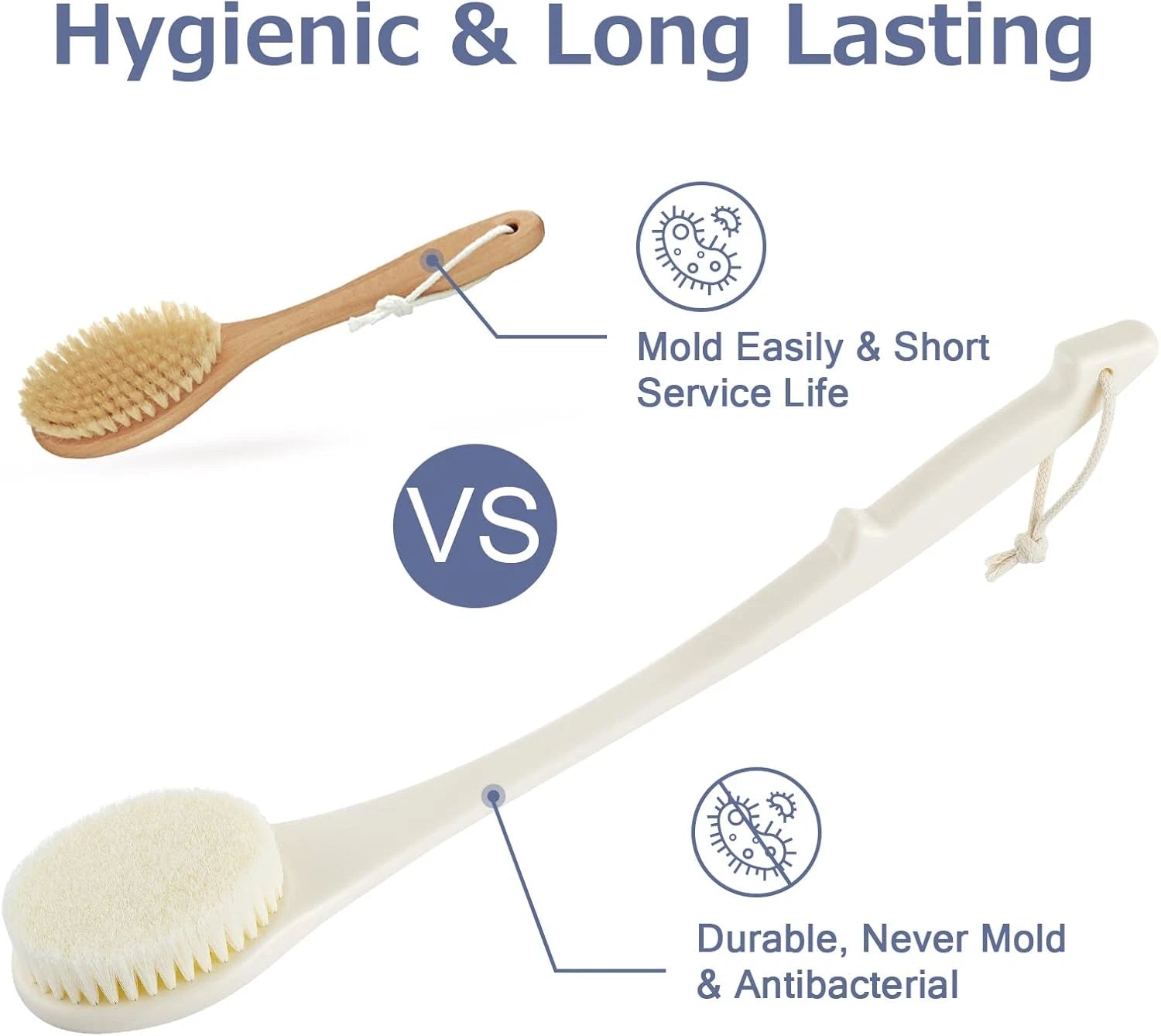 Body Back Scrubber – 17'' Long Handle Shower Brush, Anti-Mold Exfoliator for Dry