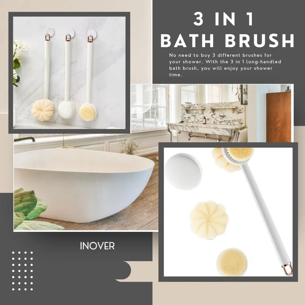 Long Handle Shower Sponge Brush Set, 3 in 1 Body Brush, Bath Sponge, Back Scr...