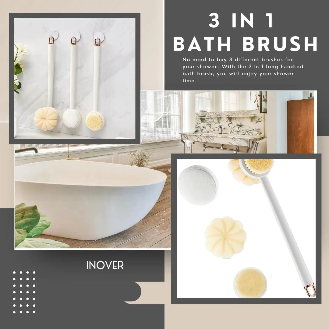 Long Handle Shower Sponge Brush Set, 3 in 1 Body Brush, Bath Sponge, Back Scr...