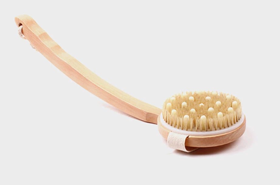 Wooden Bath Body Back Brush With Belt To Way For Scrub & Massage（40X10.5X4CM）