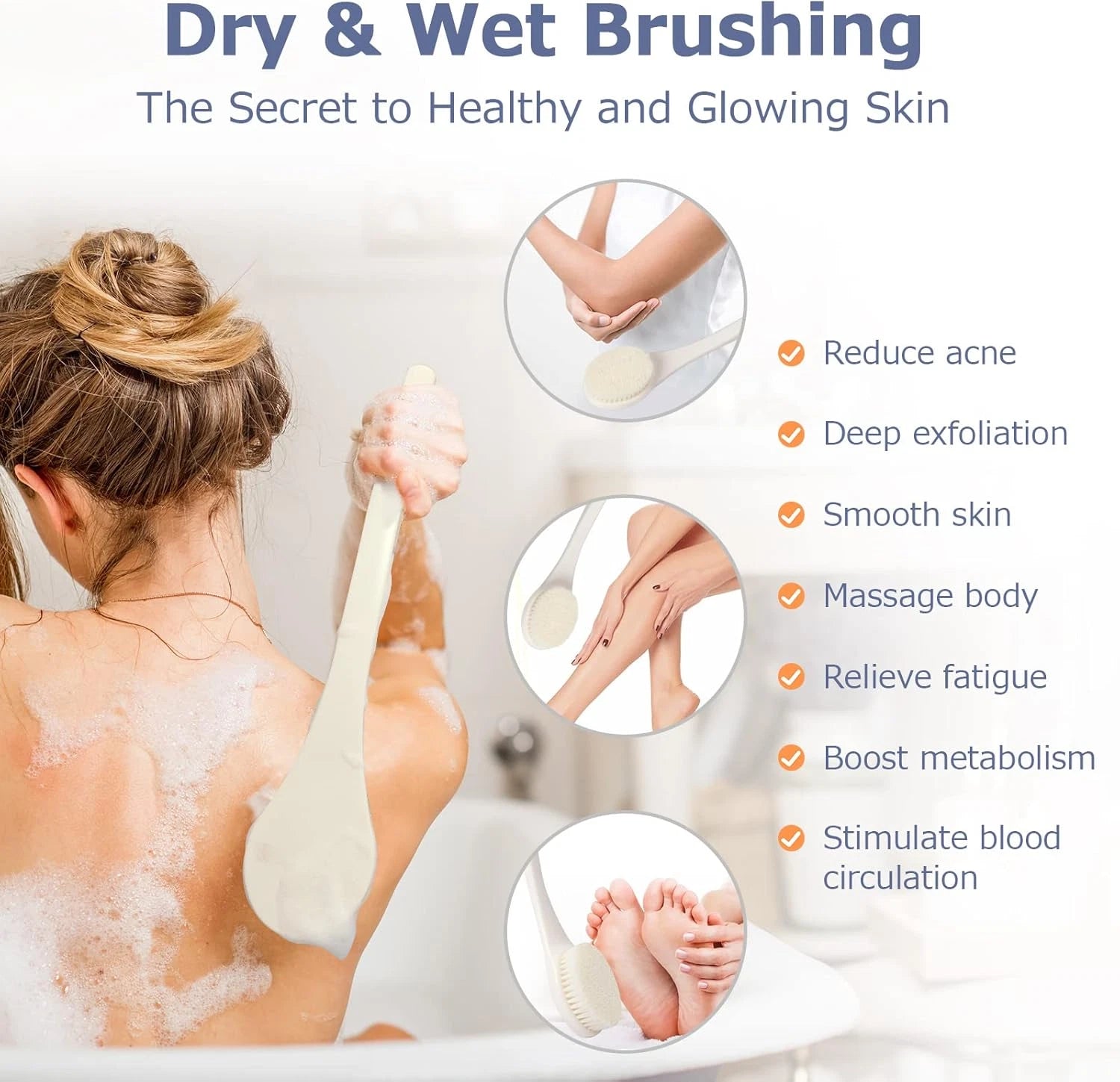 Body Back Scrubber – 17'' Long Handle Shower Brush, Anti-Mold Exfoliator for Dry