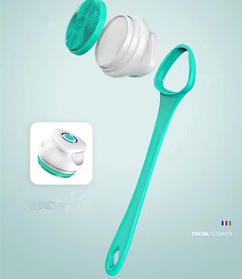 Electric Bath Body Shower Brush Long Handle Back Massage Cleaning w/5 brush