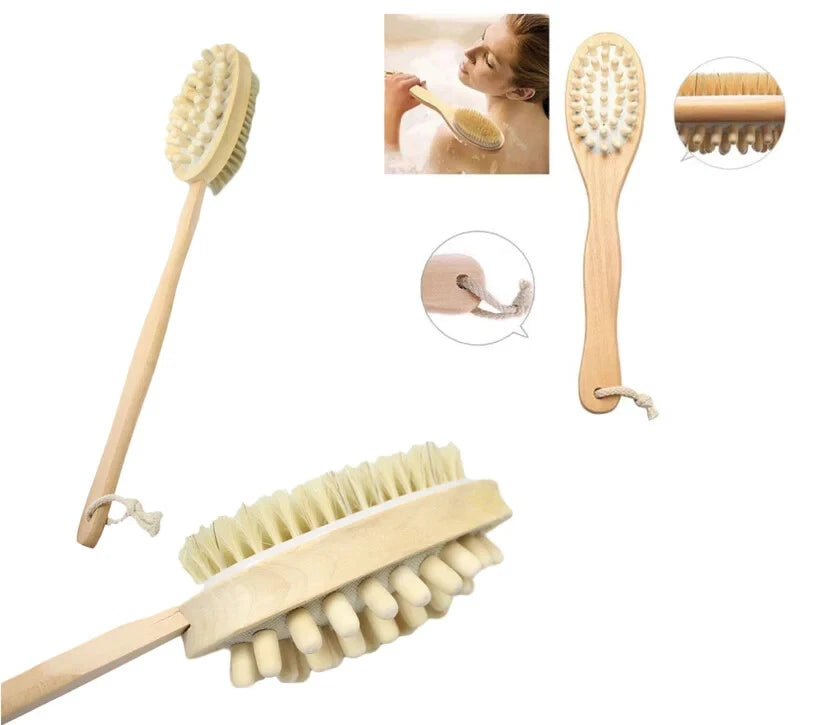 Body Scrub Shower Bristle Massage 40cm Bath Brush Long Wood Double Sided Handle