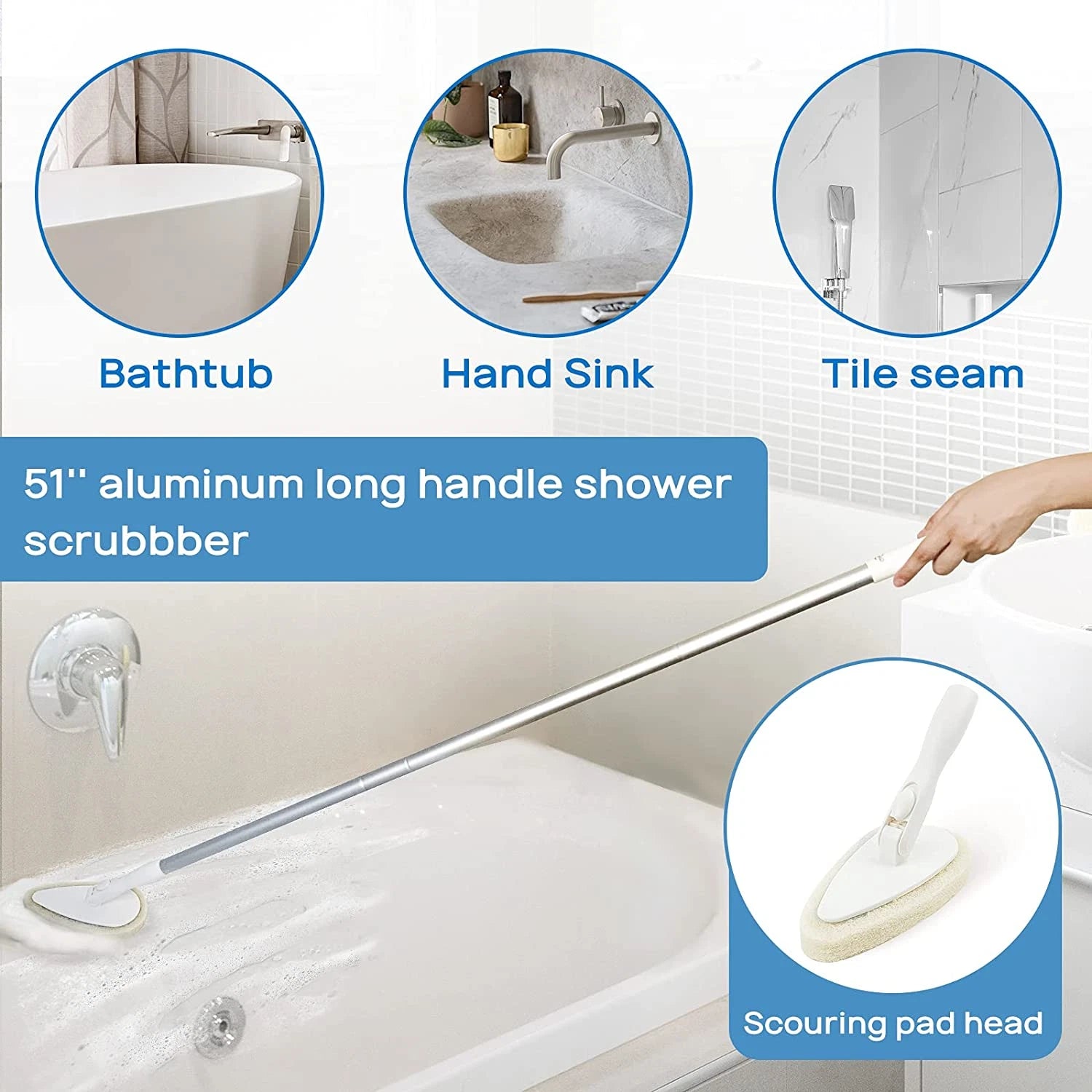Shower Scrubber Cleaning Brush with 51'' Long Handle Bathtub Tub and Tile Scrubb