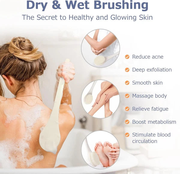 Body Back Scrubber – 17'' Long Handle Shower Brush, Anti-Mold Exfoliator for Dry