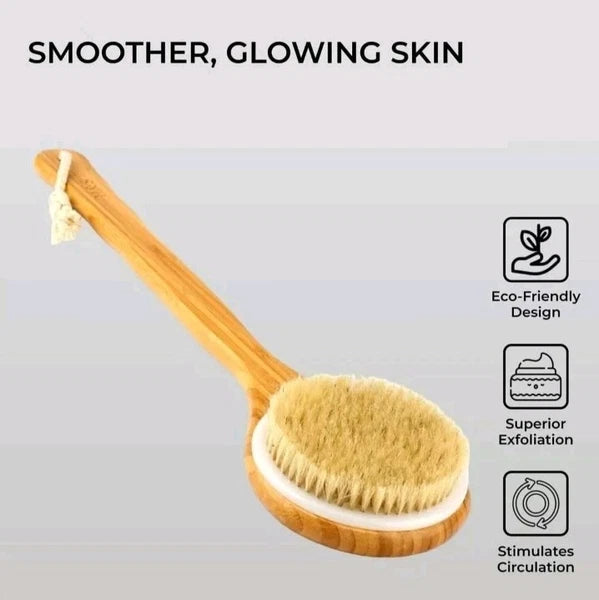 Body Brush Back Scrubber - Long Handle Bath Shower Brush Natural Bristles - H&S