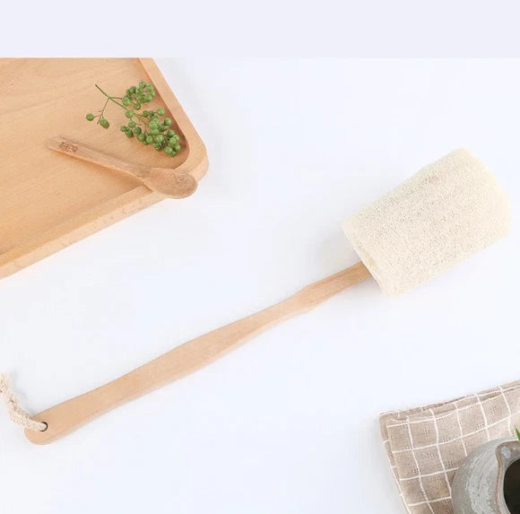 Natural Loofah Scrubber Long Wood Handle Exfoliating Back Brush Body Shower Bath