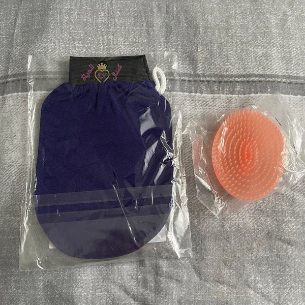 Moroccan Bath Scrub Glove Hammam Exfoliating Body Mitten & Hair Brush Bundle