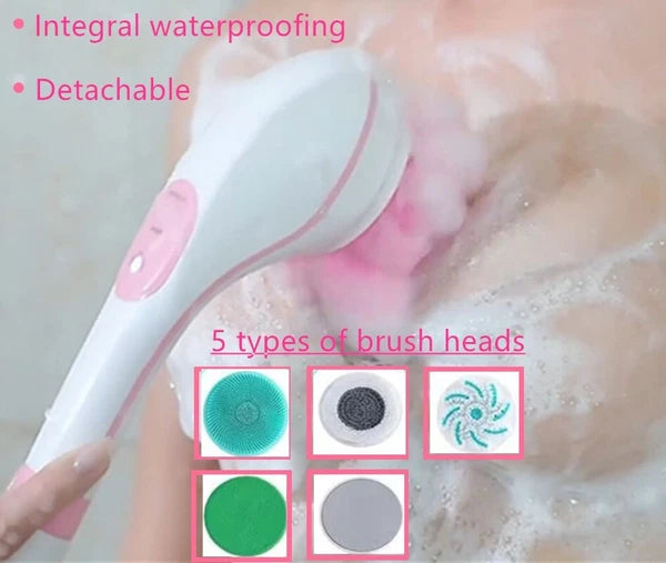 Electric Bath Body Shower Brush Long Handle Back Massage Cleaning w/5 brush