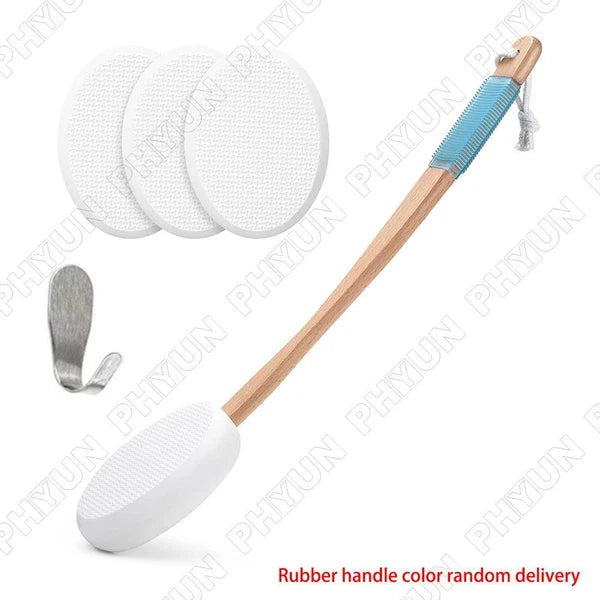 For Back Lotion Applicator Wooden Handle Brush w/ 4x Brush Head Replacement Pads