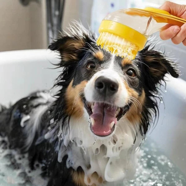 Dog Shampoo Brush with Soap Dispenser Pet Bath Brush Long Handle for Shower