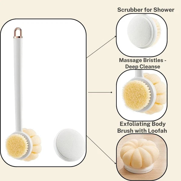 Long Handle Shower Sponge Brush Set, 3 in 1 Body Brush, Bath Sponge, Back Scr...