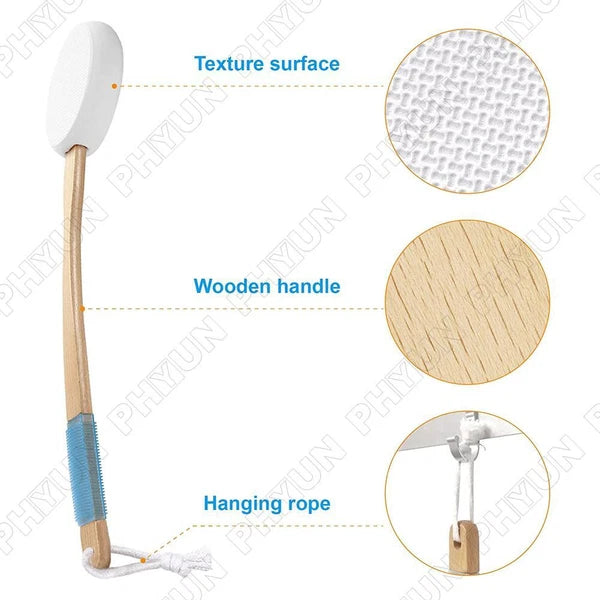 For Back Lotion Applicator Wooden Handle Brush w/ 4x Brush Head Replacement Pads